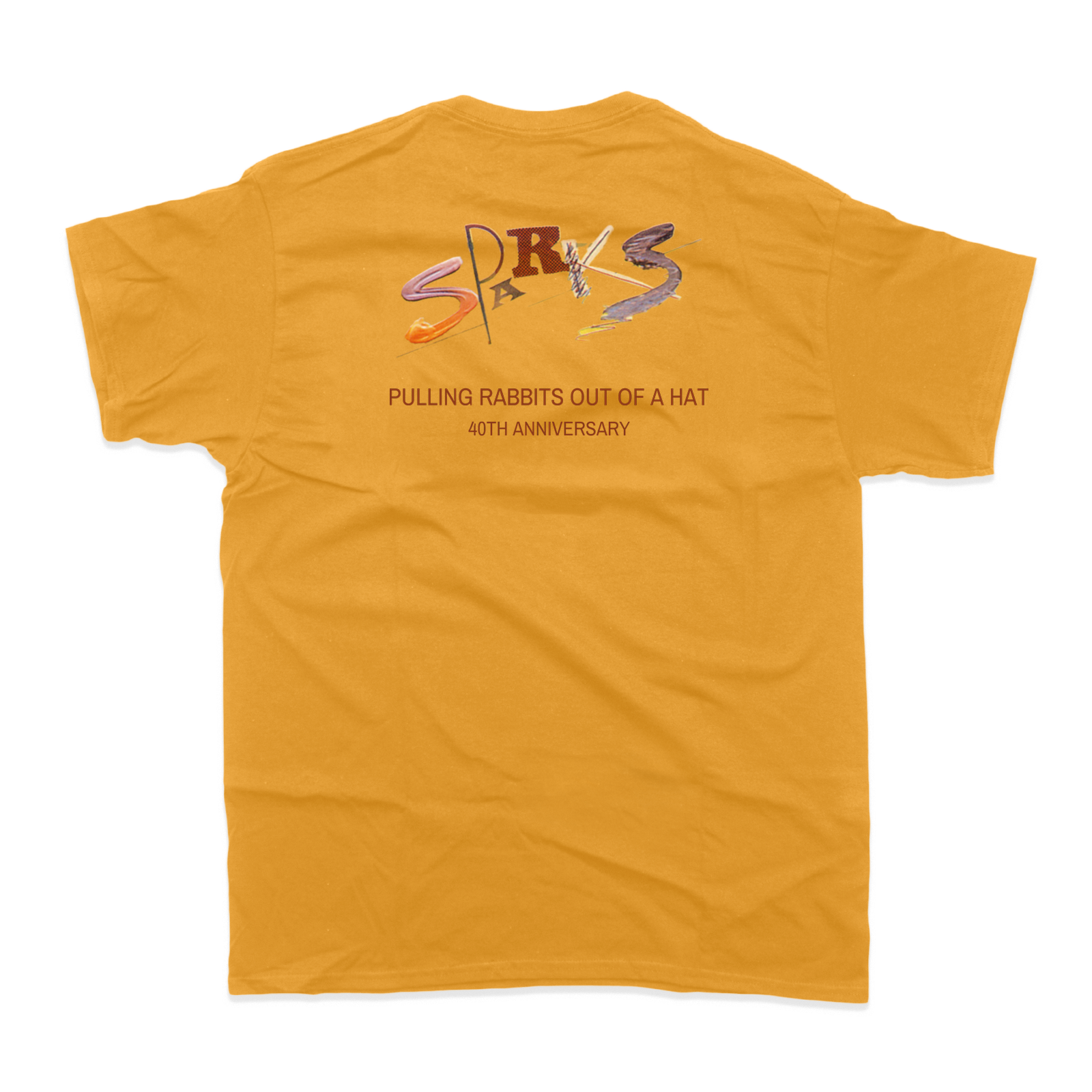 Yellow t-shirt with ’SPARKS’ text and ’PULLING RABBITS OUT OF A HAT’ printed on the back.